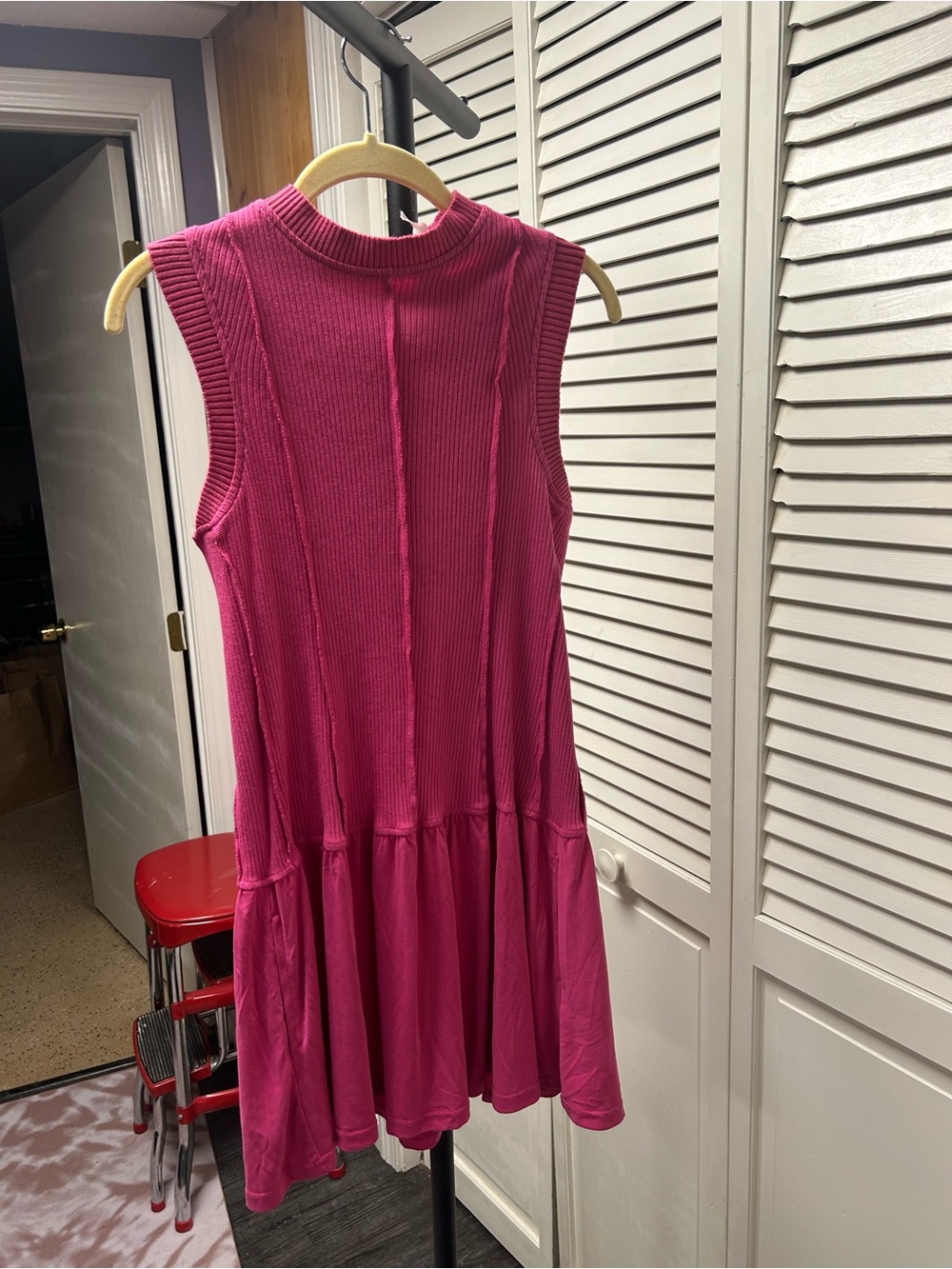 Nwot buzzer beater Sleeveless Ribbed Drop-Waist Mini Dress in Bright Pink - Picture 6 of 8